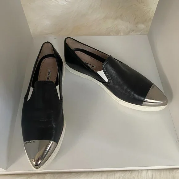 EUC MIU Black Silver Metal CapToe Leather Skate Slip on Sneakers Shoe 37 7 - Picture 3 of 10